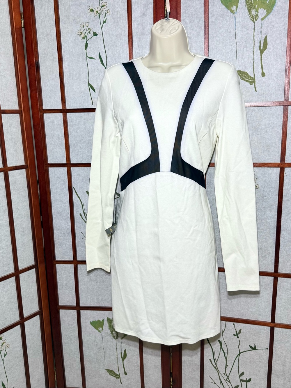 NWT- Bebe long-sleeve body con mini dress white with contrasting mesh inserts L